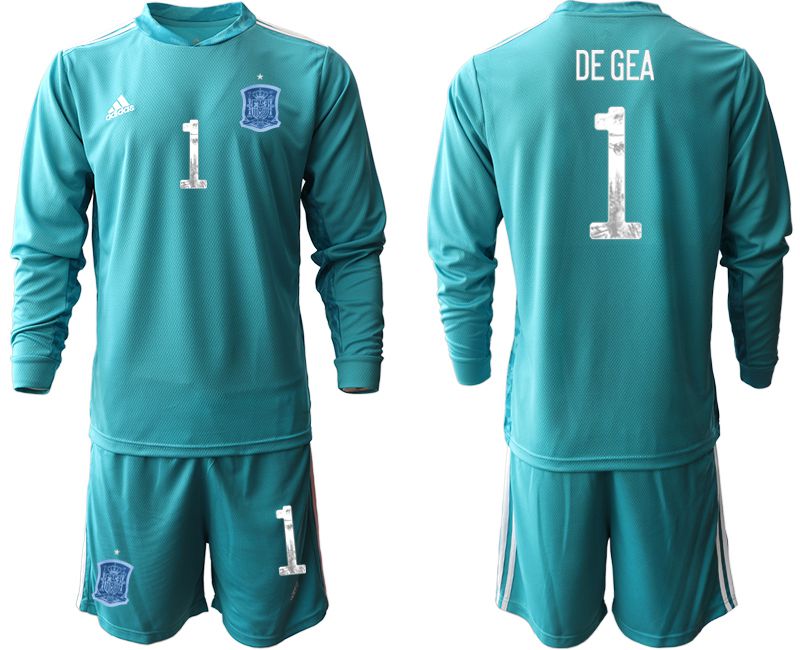 Men 2021 World Cup National Spain lake blue long sleeve goalkeeper #1 Soccer Jerseys->spain jersey->Soccer Country Jersey